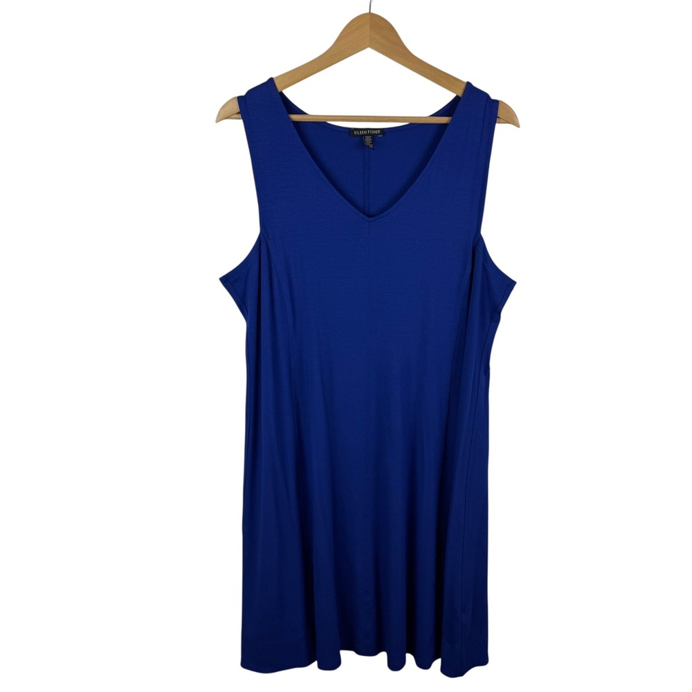 Eileen Fisher Sleeveless Dress Large Blue  V-Neck Stretch Minimalist Ethical‎